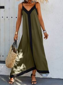 Selianne Vestido De Tirantes Espagueti Para Mujer Con Bloque De Color - Verde militar - Ver 3