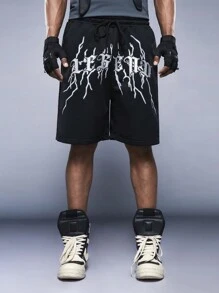 Manfinity VCAY Nam Eo đàn hồi Lá thư In Quần short dây kéo - màu đen - Xem 1