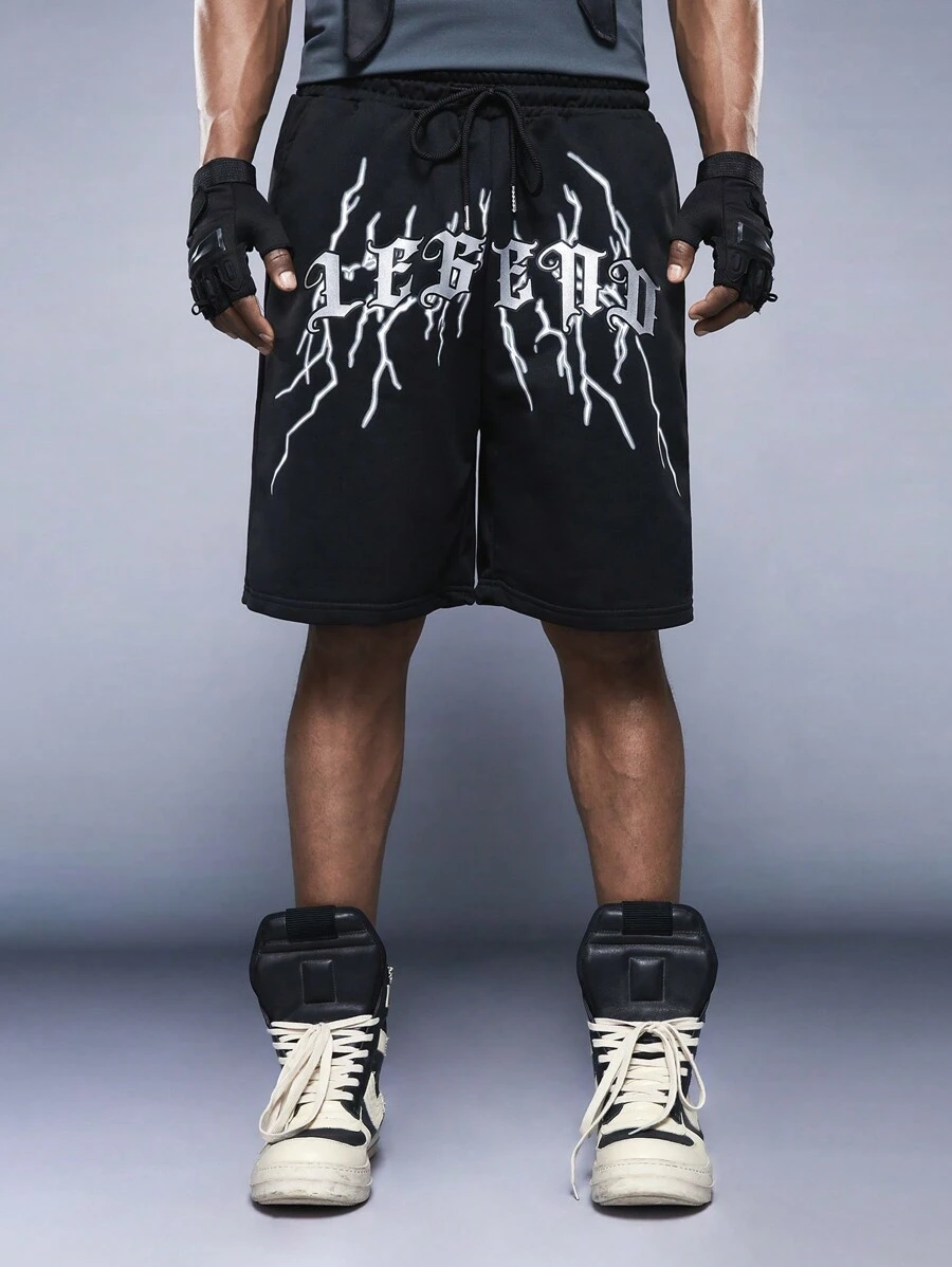 Manfinity VCAY Nam Eo đàn hồi Lá thư In Quần short dây kéo - màu đen - Xem 1