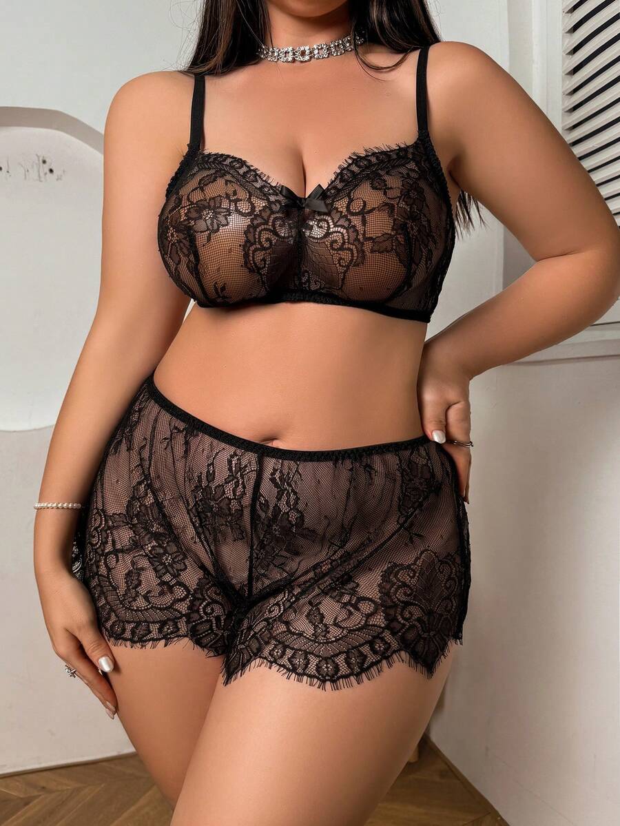 Lace Wireless Plus Size Women's Lingerie Set - Black - View 1