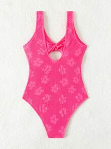 SHEIN Swim Floral Jacquard Hollow Out One Piece Swimsuit Summer - Hot Pink - View 2