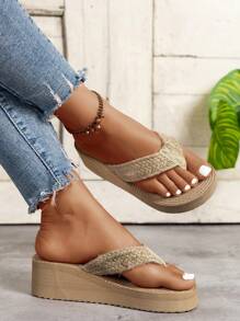 Women's Fashionable Thick-Soled Beach Sandals With  Rope Wedge Heels - Apricot - View 8