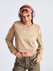 SHEIN Sports Màu thuần Cổ cao Mùa vụ Áo nỉ thể thao - Màu Khaki - Xem 1