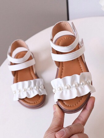 1雙女童珍珠裝飾pu材質高筒平底涼鞋,適用於夏季