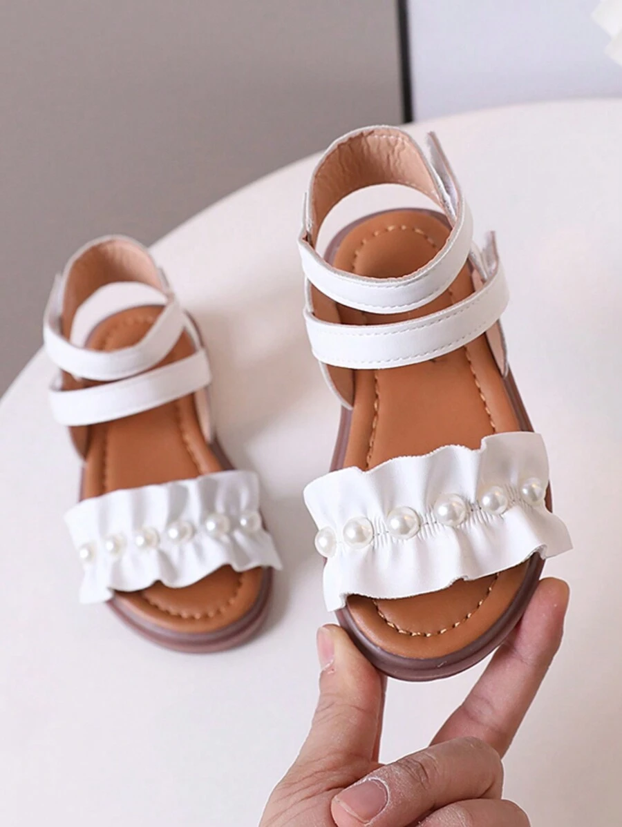 1pair Girls' Pearl Decorated Pu High-Top Flat Sandals, Suitable For Summer