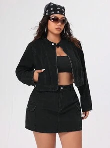 SHEIN ICON Kích thước lớn Của phụ nữ Ngắn Đúng mốt Xe máy Áo khoác Áo khoác denim - màu đen - Xem 3