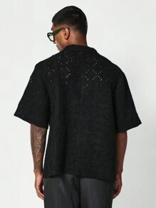 SUMWON Boxy Fit Button Through Crochet Knit Shirt - Black - View 2