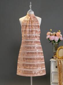 Vestido corto de fiesta sin mangas con adornos de flecos y lentejuelas para niña preadolescente, para cumpleaños, eventos, bodas, todo el año - Champán - Ver 1