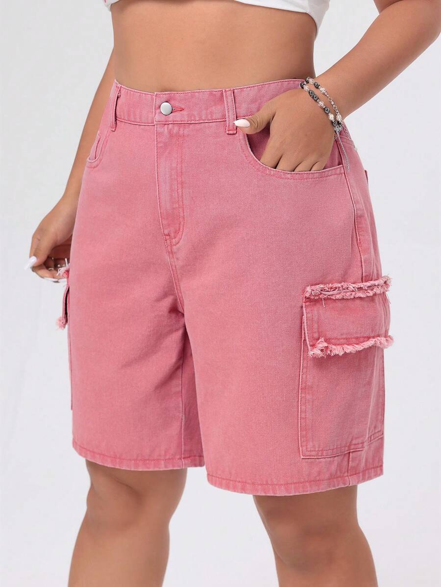 SHEIN ICON 大码纯色流苏工装牛仔短裤，适合夏季 - 粉色 - 查看 1