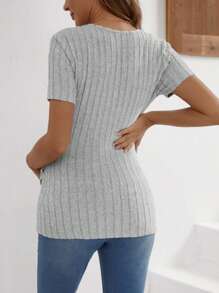 SHEIN Maternity V-Neck Ribbed Pleated Short Sleeve T-Shirt - Grey - View 2
