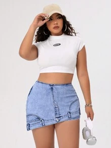 SHEIN ICON Kích thước lớn Của phụ nữ Viền bất đối xứng Denim Skorts - Rửa nhẹ - Xem 4