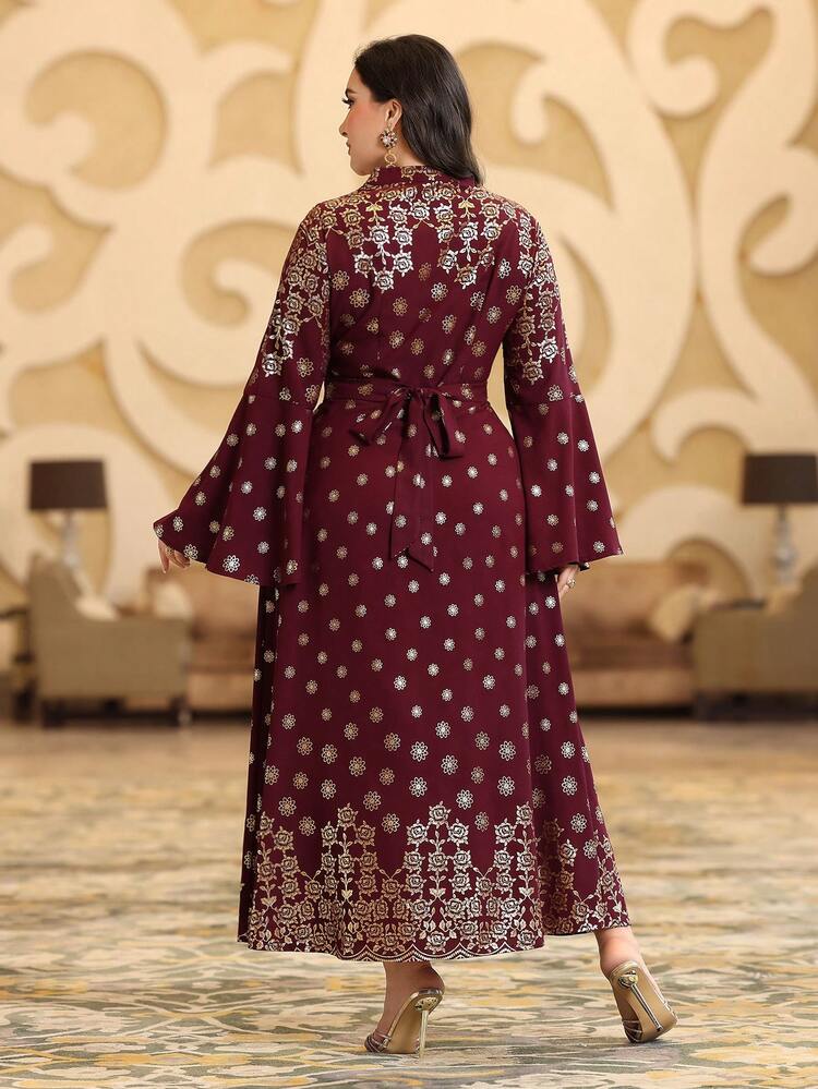 Burgundy Red Plus Size Women's Sparkling Rhinestone Flower Print Long Sleeve Arabian Dress, Elegant Luxury Evening Party Style Kaftan Jalabiya Dress