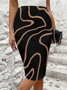 SHEIN Clasi Women's Summer Color Block Printed Elastic Waist Slim Fit Midi Pencil Skirt