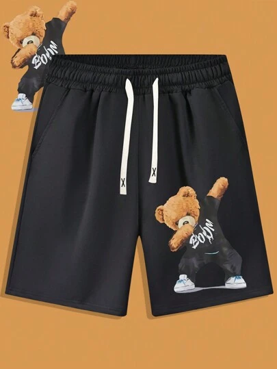 夏季新款男式短褲,時尚個性熊印花圖案,常規版型,適合沙灘休閒穿著