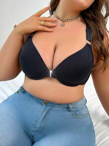 Plus Size Solid Color Underwire Front Closure Bra - Black - View 4