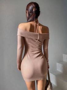 DAZY Women's Off-Shoulder Halter Neckline Bandage Bodycon Dress With Button Design - Khaki - View 2