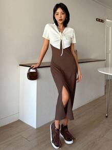 DAZY Contrast Belt Split Hem Ribbed Bodycon Dress Sundress,Casual Women Dresses - Brown - View 6