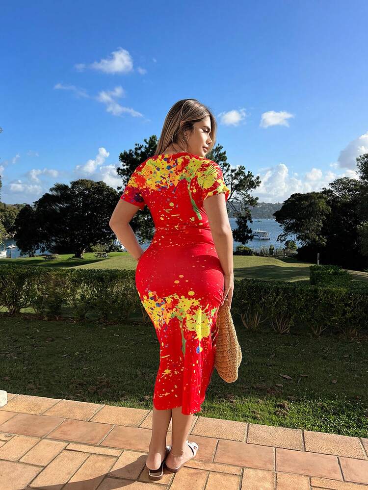 Ink Splatter Print Round Neck Waist Belted A-Line Dress