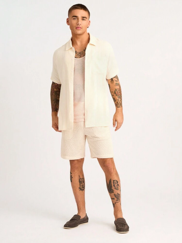 3pcs Men's Vacation Short Sleeve Shirt, Tank Top And Shorts Set