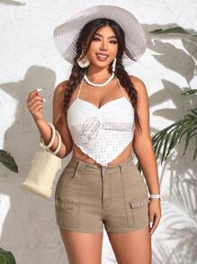 SHEIN EZwear Kích thước lớn Flip Túi Gầy Quần short Denim - Màu Khaki - Xem 5