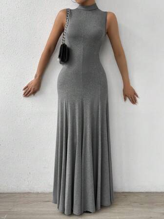 Almamuse Vestido de noche de estilo sirena de unicolor con cuello alto para mujer