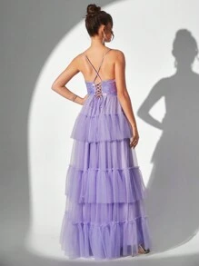 SHEIN Belle Vestido De Noche Morado Elegante, Romántico Y Soñador, Hecho Con Tul De Múltiples Capas Y Correa De Espagueti, Con Un Efecto Brillante De Pastel - Morado - Ver 8
