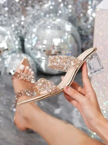 Sandal Wanita Hak Tinggi Berhiaskan Berlian Imitasi Warna Champagne, Seksi & Modis - Sampanye - View 4