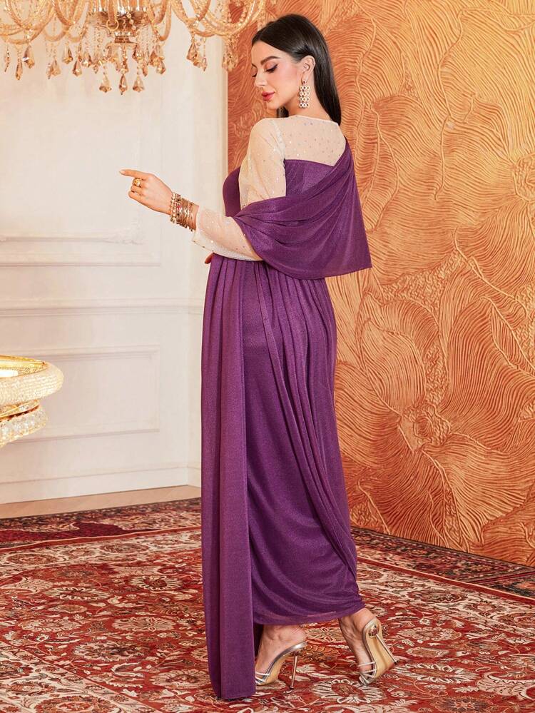 Contrast Mesh Elegant Dress & Shawl Set 2 Pieces Set