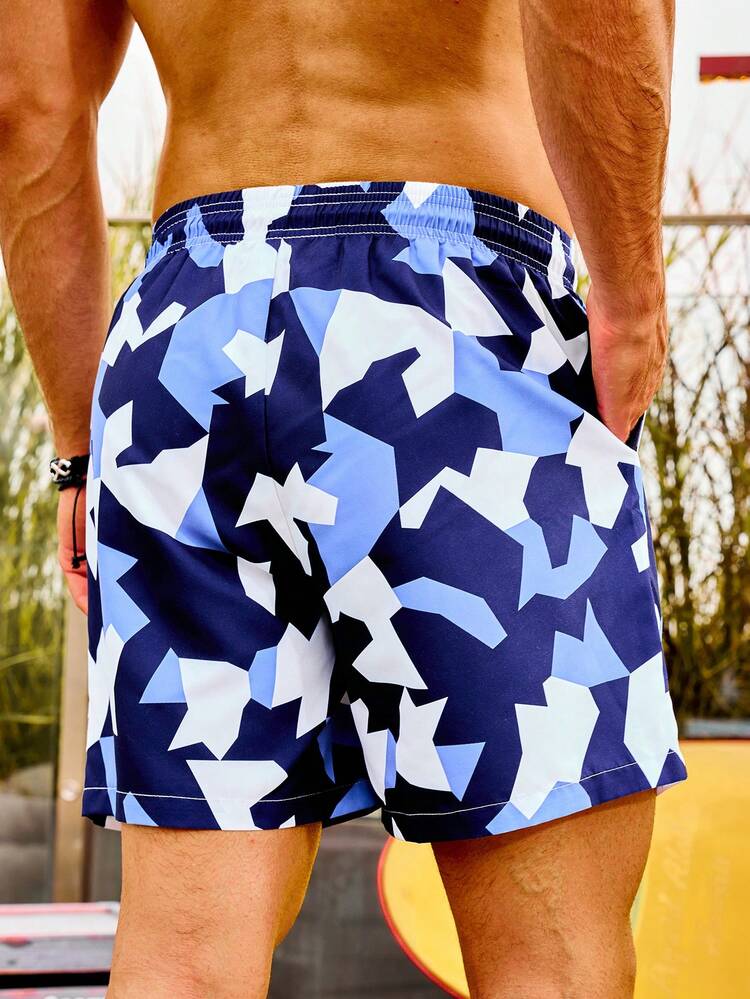Men'S Geometric Printed Drawstring Waist Beach Shorts