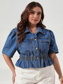 SHEIN VCAY Kích thước lớn Của phụ nữ Ngắn Ống tay áo Áo khoác denim Với Ruffled Hem - Rửa trung bình - Xem 4