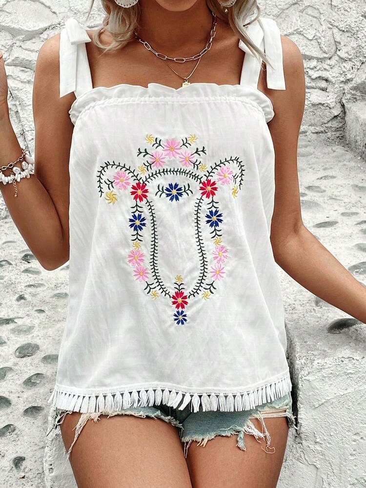 Flower Embroidery Tank Top With Tassel Hem And Frill Edge, Summer For Summer