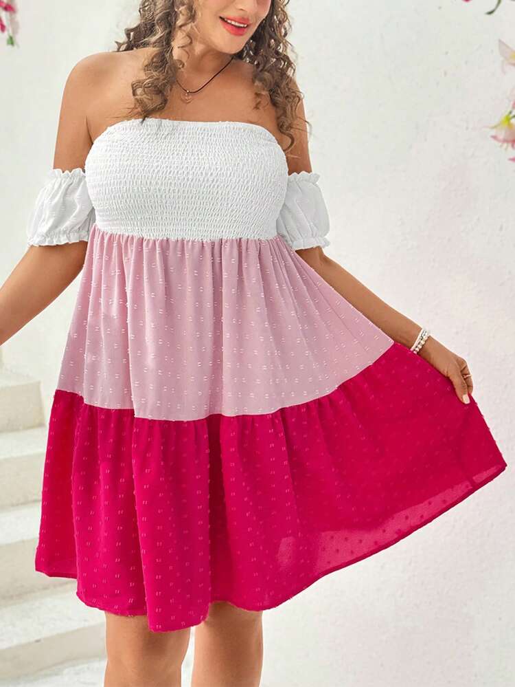 Plus Size Contrast Color Off Shoulder Bodycon Dress