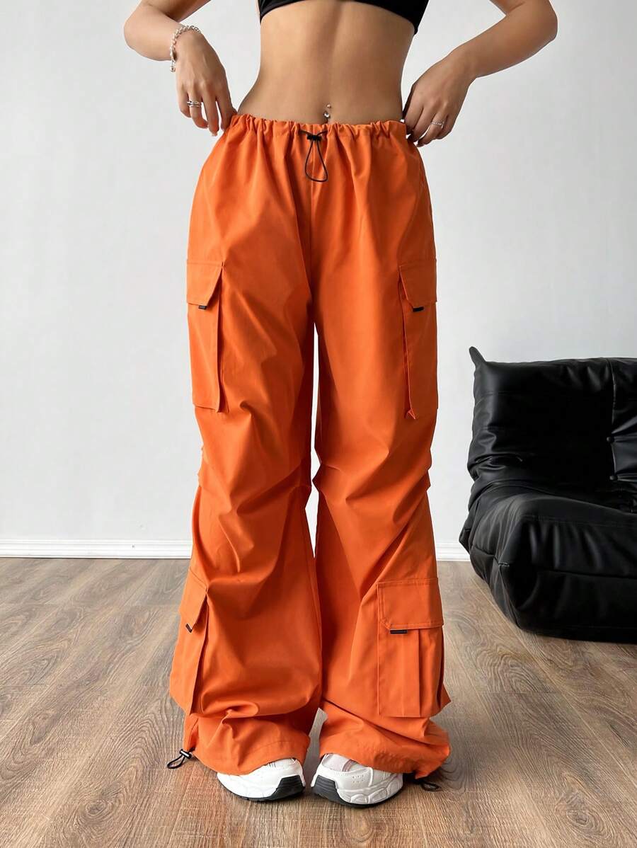 SHEIN EZwear Baggy Parachute-Style Cargo Pants - Orange - View 1