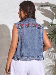 SHEIN VCAY 大碼淺色花卉刺繡鈕扣丹寧背心 - 淺色水洗藍 - 查看 2