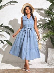 Breezaya 大碼無袖牛仔裙,前鈕扣關閉 - 藍色 - 查看 1