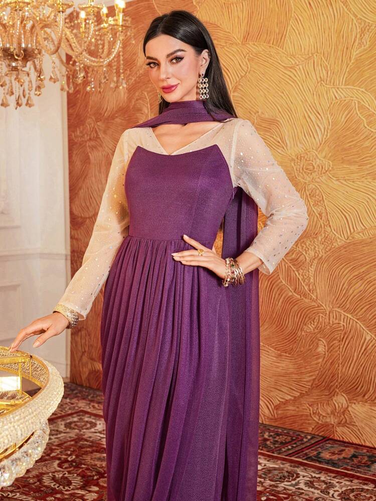 Contrast Mesh Elegant Dress & Shawl Set 2 Pieces Set