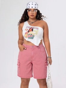 SHEIN ICON 大码纯色流苏工装牛仔短裤，适合夏季 - 粉色 - 查看 5