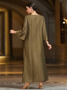 Layrah Váy Maxi Kaftan Đính Hạt Trang Trí Thoải Mái Và Nhẹ Không Nhìn Xuyên Thấu Kiểu Ả Rập Dài Tay Khiêm Tốn - xanh quân đội - Xem 2