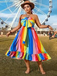 SHEIN Holidaya Plus Size Women's Colorful Striped Wrap Front Tie Waist Dress - Multicolor - View 1
