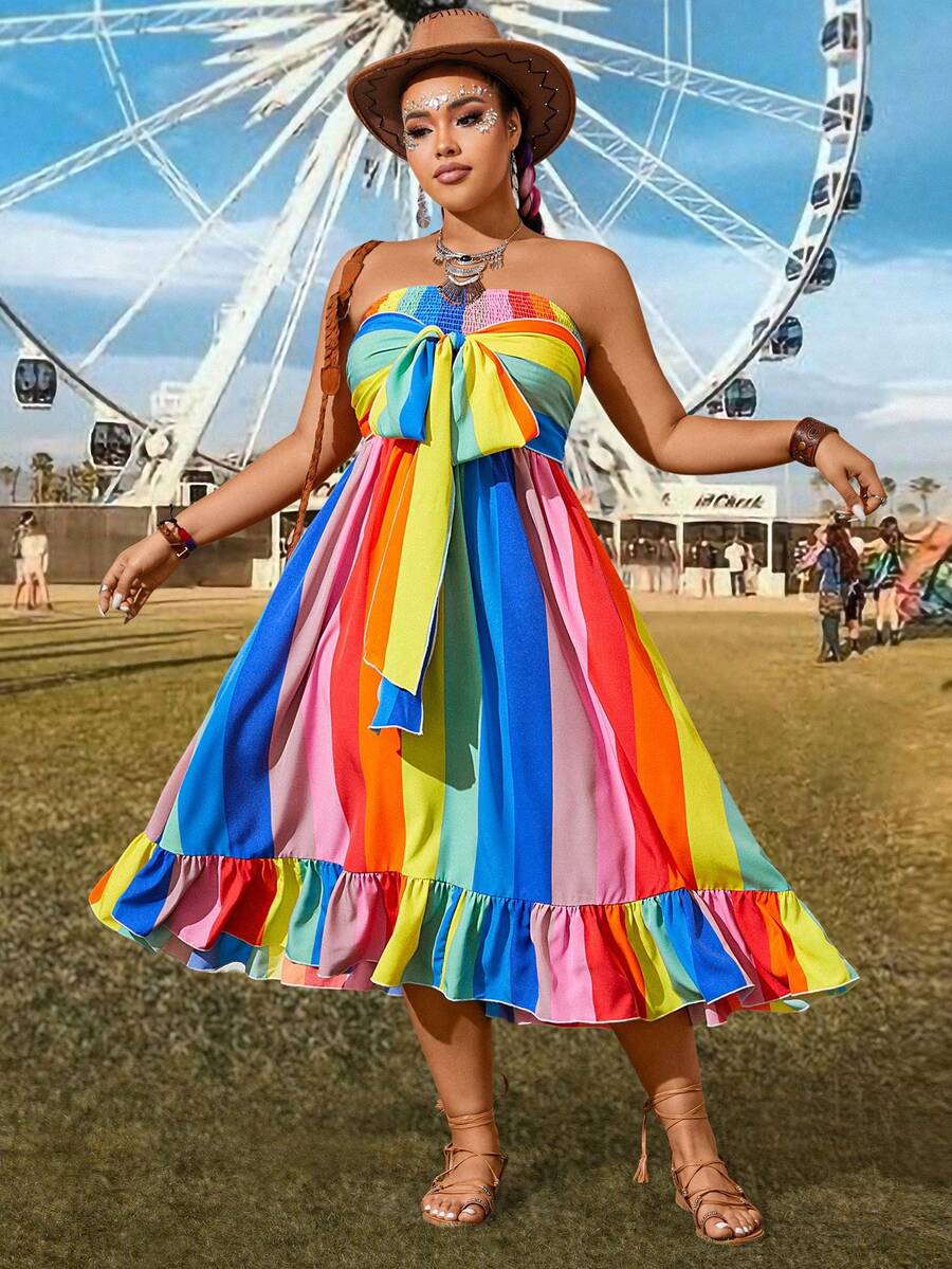 SHEIN Holidaya Plus Size Women's Colorful Striped Wrap Front Tie Waist Dress - Multicolor - View 1