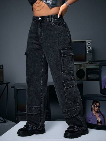 SHEIN ICON Loose Fit Casual Jeans With Large Flap Pockets For Plus Size Women