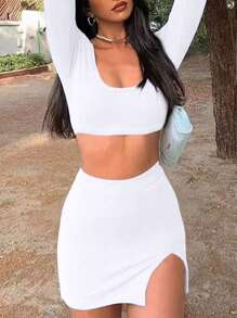 INAWLY 女式纯色短款长袖上衣和开衩下摆短裙两件套 - 白色 - 查看 3