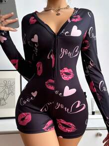 心形嘴唇印花长袖连体衣，秋冬款 - 黑色 - 查看 5