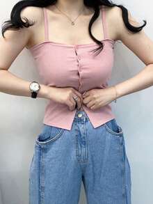 DAZY Của phụ nữ Màu thuần Thon gọn Mặt trước Nút Áo ba lỗ Áo - Hồng - Xem 5