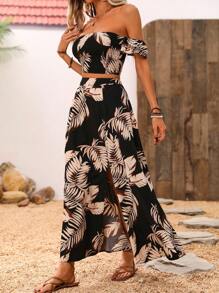 Breezaya Bộ đồ hai mảnh áo crop top trễ vai in họa tiết cây và chân váy xẻ cao cho nữ - Nhiều màu - Xem 5