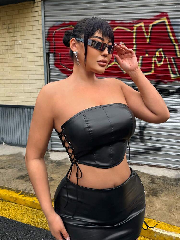 Sexy Strap Hollow Out PU Bandeau Top And Skirt Two Pieces Set For Concerts And Music Festivals, Summer