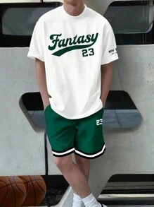 Manfinity Sporsity Men'S Monogram Printed Short-Sleeved T-Shirt And Shorts Two-Piece Set