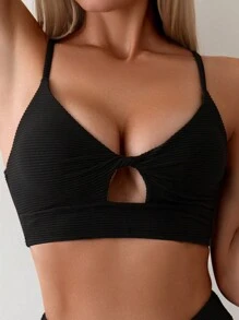 SHEIN Swim 夏季海滩女士纯色镂空泳衣上衣 - 黑色 - 查看 5