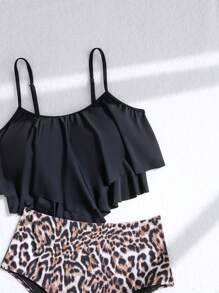 Swim Lushoire 2 pezzi Costume da bagno tankini per donne, con top a volant e parte inferiore con stampa leopardata in vita alta, set di bikini con spalline sottili
