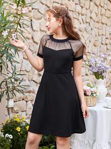SHEIN Girlism Teen Girl Knitted Patchwork Sheer Mesh Casual Dress In Solid Color
